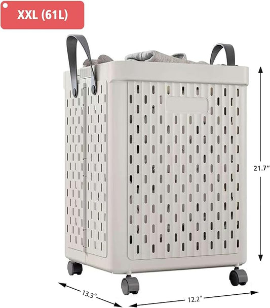 UAK Laundry Basket with Wheels, Collapsible Plastic Laundry Hamper with Handle, Foldable Laundry Basket Organizer for Laundry and Bathroom (Soft Gray, XXL)