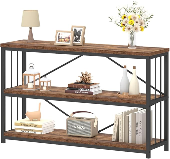 IBF Farmhouse Low 3 Tier Bookshelf, Industrial Rustic Horizontal Wood Bookcase, Modern Wide Open Metal Etagere with Storage, Vintage Book Shelf for Office Bedroom Living Room, Rustic Brown, 47 Inch