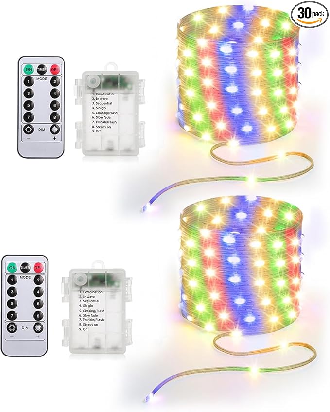 16.5ft Battery Operated String Lights (2 Pack), 50 LED Fairy String Lights Battery Powered with Remote & Timer for Indoor Outdoor Christmas Trees Wreath Decoration Bedroom Patio - Multicolor