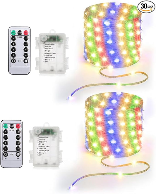 16.5ft Battery Operated String Lights (2 Pack), 50 LED Fairy String Lights Battery Powered with Remote & Timer for Indoor Outdoor Christmas Trees Wreath Decoration Bedroom Patio - Multicolor