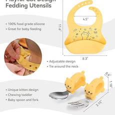 Portable Baby Plates with Suction, 6Pcs Travel Silicone Feeding Set for Toddlers, Foldable, Non-Slip Dishwasher Safe Plates & Utensils, BPA Free, Cat Design Gift Ready(Pale Yellow)