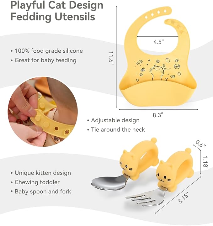 Portable Baby Plates with Suction, 6Pcs Travel Silicone Feeding Set for Toddlers, Foldable, Non-Slip Dishwasher Safe Plates & Utensils, BPA Free, Cat Design Gift Ready(Pale Yellow)