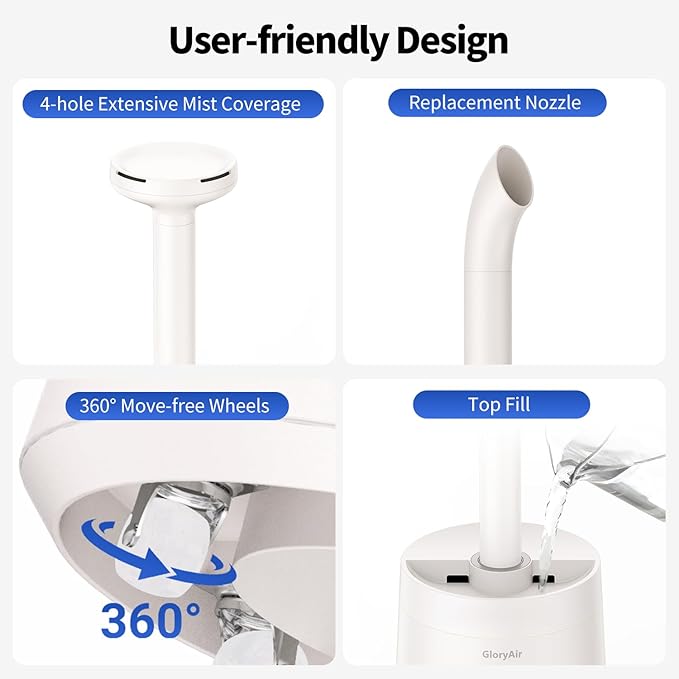 Humidifier Large Room - GloryAir 6.3Gal/24L 4X Atomizers Top Fill Whose House Large Cool Mist Quite Humidifiers 1500mL/h for Home Bedroom 3000 ft² with Auto Mode for Commercial Office Plants