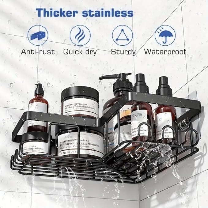 Shower Caddy Corner Shelf with Soap Holder, No Drill Adhesive Wall Mounted with Hooks - Rustproof Stainless Steel Rack by ARK.