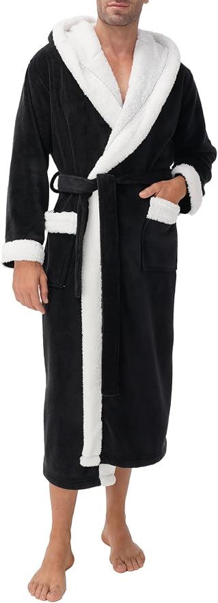 DAVID ARCHY Men's Hooded Robe Soft Coral Fleece Microfiber Bathrobe