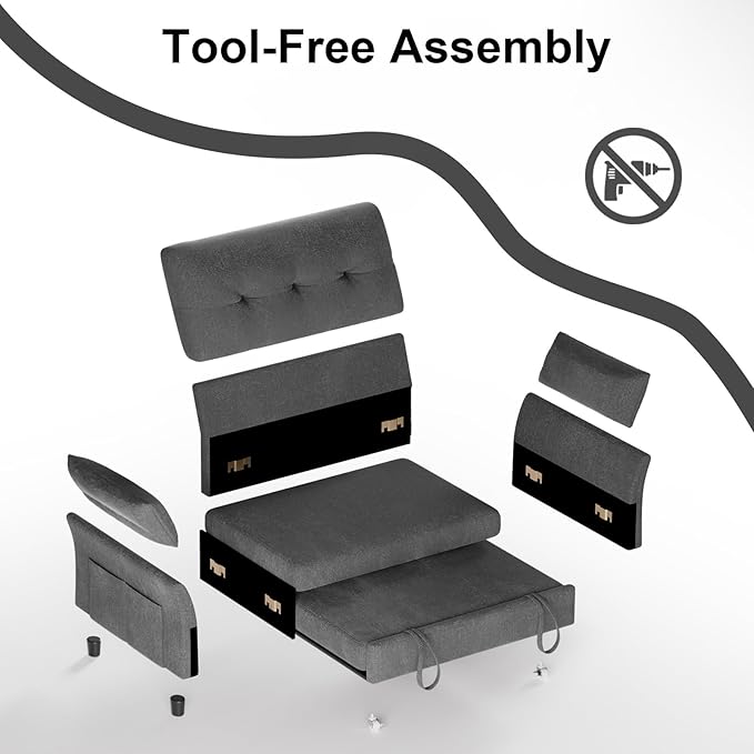 Vipbear Sleeper Sofa with Pull-Out Bed, 3-in-1 Convertible Sofa Bed, Loveseat with Reclining Backrest and Side Pocket for Living Room, Apartment, Tool-Free Assembly, Dark Grey