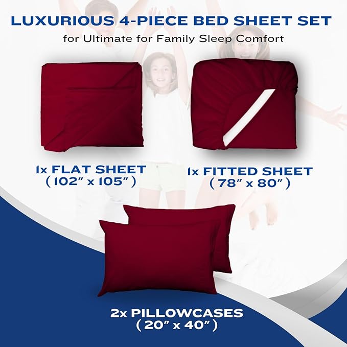 DREAMCARE California King Sheet Sets – 4 pcs Cooling Sheets – up to 21” Deep Cal King Sheets – Hotel Luxury Pillowcases – Superior Softness 100% Fine Microfiber with Side Pocket –Burgundy DREAMCARE