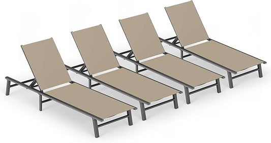 Ciokea Aluminum Outdoor Lounge Chair Set of 4- No Assembly Needed, Foldable Patio Chaise Lounge with 5 Adjustable Positions, Reinforced Frame for Extra Durability, Pool Beach Lounge Chair,Khaki