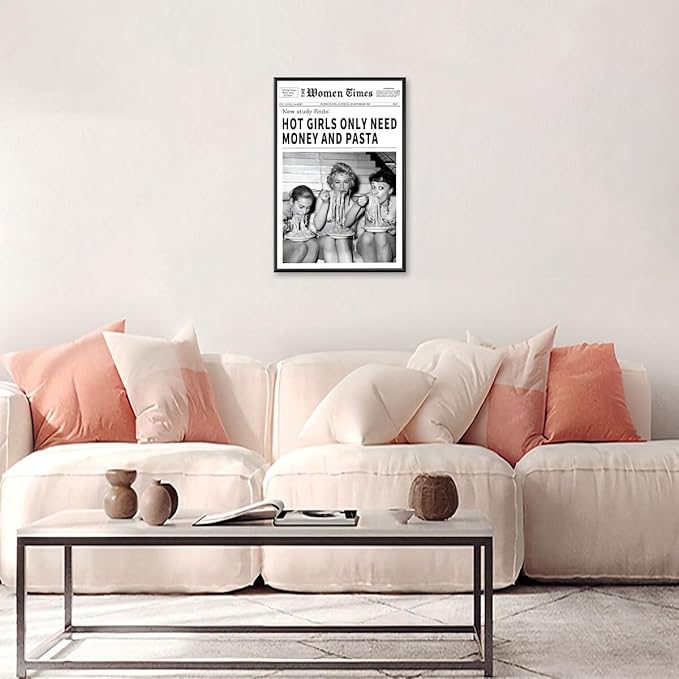 Vintage Women Times Newspaper Canvas Wall Art Black and White Aesthetic Poster Funky Hot Girl Eating Pasta Fashion Prints for Italian Kitchen Bar Cart Girly Dorm Room Art Posters 24x36inch black framed
