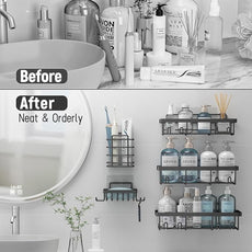 5 Pack Shower Caddy Organizer Rack Shelf for Inside Shower, Self Adhesive Bathroom Wall Storage Basket Rustproof Stainless Steel Large Capacity Shampoo Holder, Dark Grey