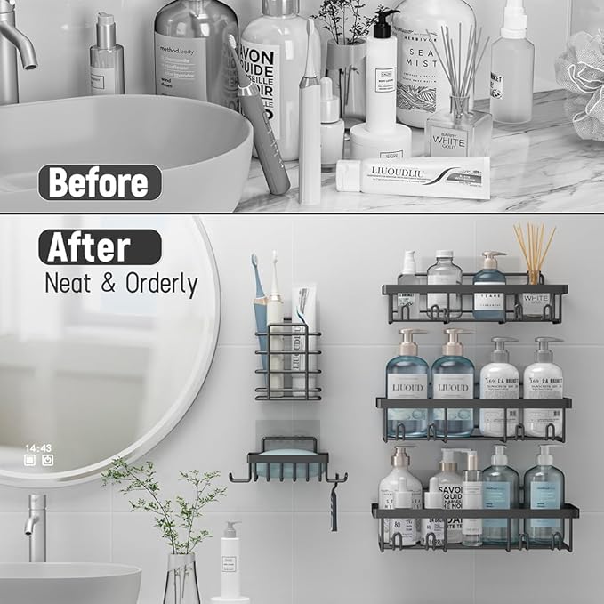 5 Pack Shower Caddy Organizer Rack Shelf for Inside Shower, Self Adhesive Bathroom Wall Storage Basket Rustproof Stainless Steel Large Capacity Shampoo Holder, Dark Grey