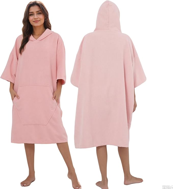 Surf Poncho Hooded Beach Towel, Quick Dry Terry Cloth, Extra Large Changing Robe with Pockets for Adults, Unisex Skin Pink Cover-Up for Swim, Bath, Beach, Gift for Swimmer Lovers