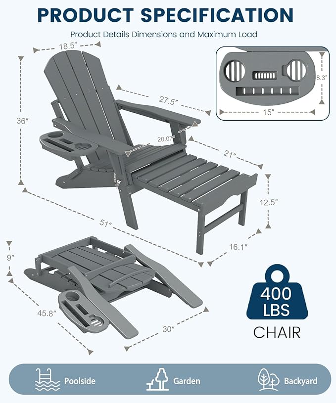 FOOWIN Folding Adjustable Adirondack Chair with Retractable Ottoman, HDPE Adirondack Chair w/4 in 1 Cup Holder Trays,All-Weather Resistant Fire Pit Chair for Outdoor Patio Lawn, Grey