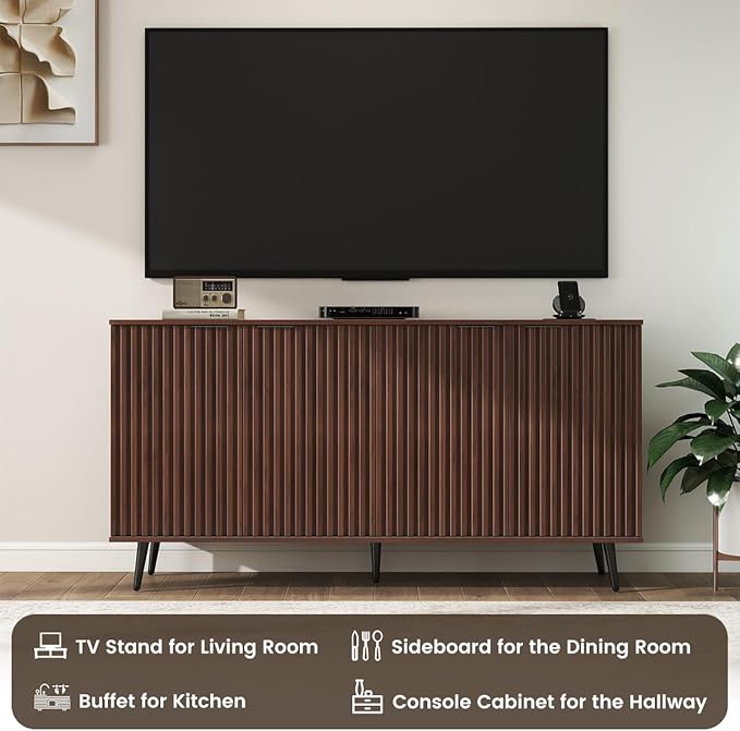 COCO DESIGN 61" Buffet Sideboard with Fluted Panel Doors, Power Outlet & Adjustable Shelves, Storage Cabinet with Adjustable Metal Legs, Modern Farmhouse Console for Dining Room Kitchen, Walnut