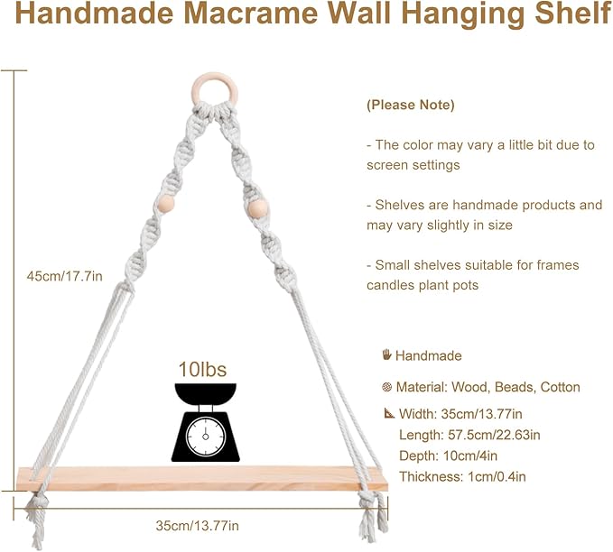 Artilady Macrame Wall Hanging Shelf - Boho Wood Wall Shelves with Wood Beads, Farmhouse Floating Shelf Rustic Hanging Plant Shelf for Bedroom Living Room Preppy Room Nursery Decor