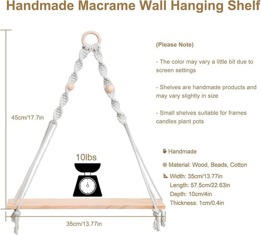Artilady Macrame Wall Hanging Shelf - Boho Wood Wall Shelves with Wood Beads, Farmhouse Floating Shelf Rustic Hanging Plant Shelf for Bedroom Living Room Preppy Room Nursery Decor