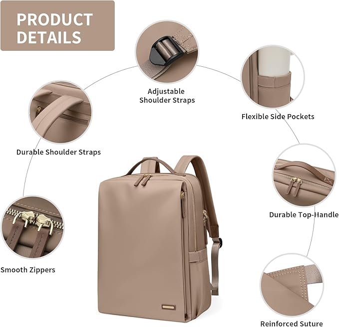 Stylish Laptop Backpack for Women Airline Approved Perfect for Work College and Travel Multi-Functional Casual Daypack Fits 15.6 Inch Notebook (Champagne)