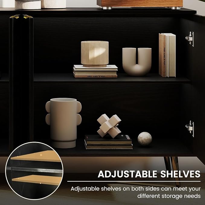 COCO DESIGN 61" Buffet Sideboard with Fluted Panel Doors, Power Outlet & Adjustable Shelves, Storage Cabinet with Metal Legs, Modern Farmhouse Console for Kitchen Dining Living Room Entryway, Black