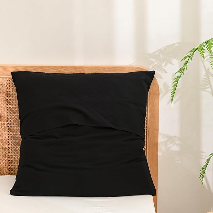 BESTOUCH 100% Washed Cotton Pillowcase for Hair and Skin Linen Feel Soft Comfortable Breathable 2 Set Pillow Case with Envelope Closure Solid Deep Dark Black Euro 26x26 Inches