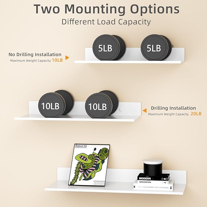 White Floating Wall Shelves for Bedroom, Modern Bathroom Shelves Wall Mounted No Drilling Set of 3, Metal Small Decor Floating Shelf for Living Room Office