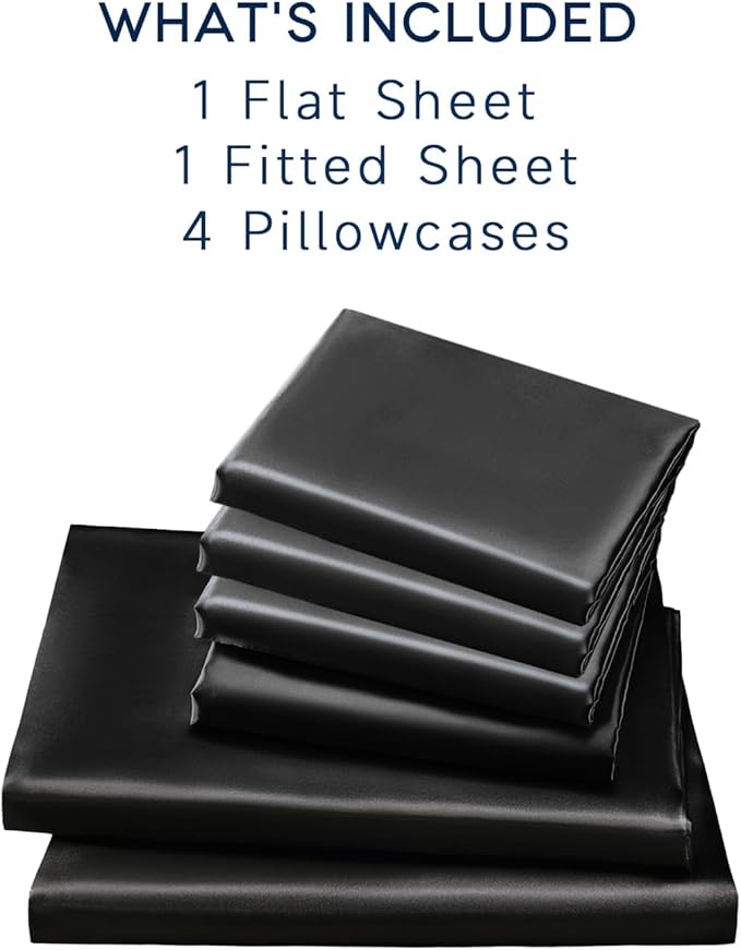 Satin Sheets Full Size - 6 Pieces Luxury Silky Soft Bed Sheets, Wrinkle-Free Black Satin Silk Sheet Set with 1 Deep Pocket Fitted Sheet, 1 Flat Sheet, 4 Pillow Cases