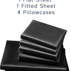 Satin Sheets Queen Size - 6 Pieces Luxury Silky Soft Bed Sheets, Wrinkle-Free Black Satin Silk Sheet Set with 1 Deep Pocket Fitted Sheet, 1 Flat Sheet, 4 Pillow Cases