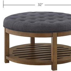 24KF Large Round Upholstered Tufted Linen Ottoman Coffee Table, Large Footrest Ottoman with Wood Shelf Storage-Charcoal