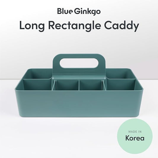 BLUE GINKGO Stackable Organizer Caddy – Korean-Made Portable Tote for Bathroom, Office, Crafts, or School Supplies (Long Rectangle, Green)