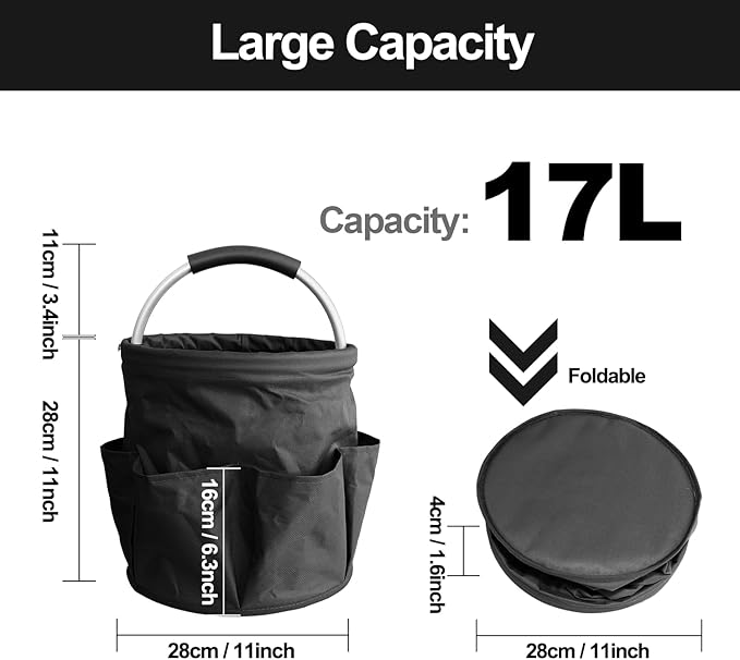 Bucket 17L Cleaning Organizer with Handle with 6 Pockets Foldable Storage Blue Portable Cleaning Bucket Bag Shower Box Home Garden Multifunctional Camping Storage Basket (Black)