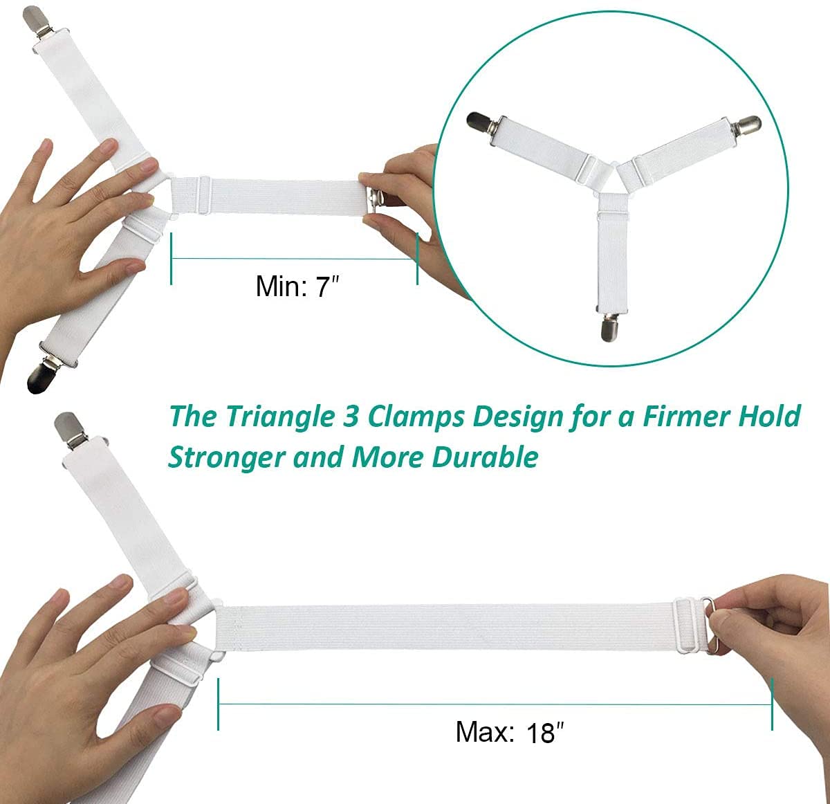 Bed Sheet Fasteners, Adjustable Mattress Suspenders, Mattress Cover Straps, Bed Corner Holder and Keepers and the Bed Sheet Grippers Clips (Triangle White Set of 4) Dormly