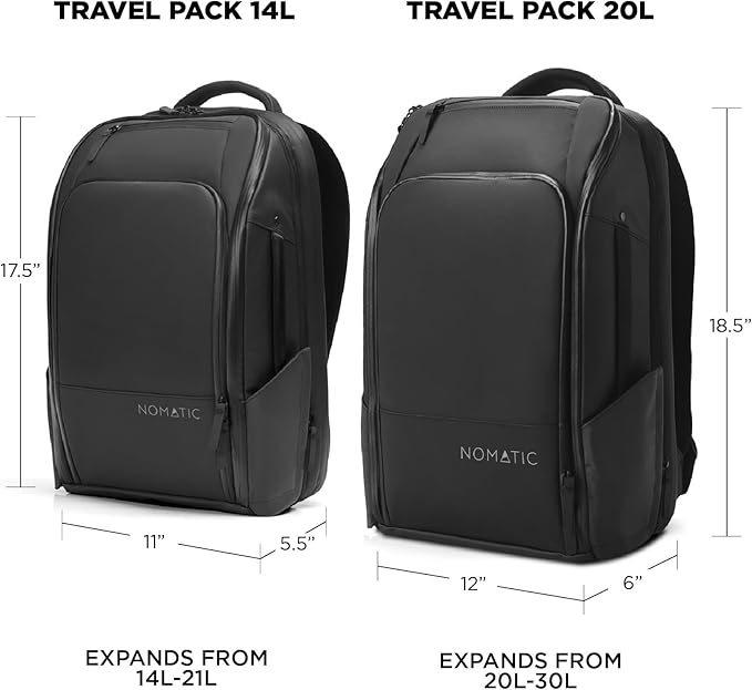 NOMATIC 20L Travel Pack - Water Resistant Laptop Bag - TSA-Ready Expandable Backpack (Black)