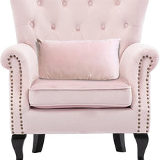 Set of 2 Mid Century Modern Accent Chair for Living Room, Velvet Armchair with Tufted Back and Wood Legs, Upholstered Lounge Armchair Single Sofa for Bedroom, Light Pink