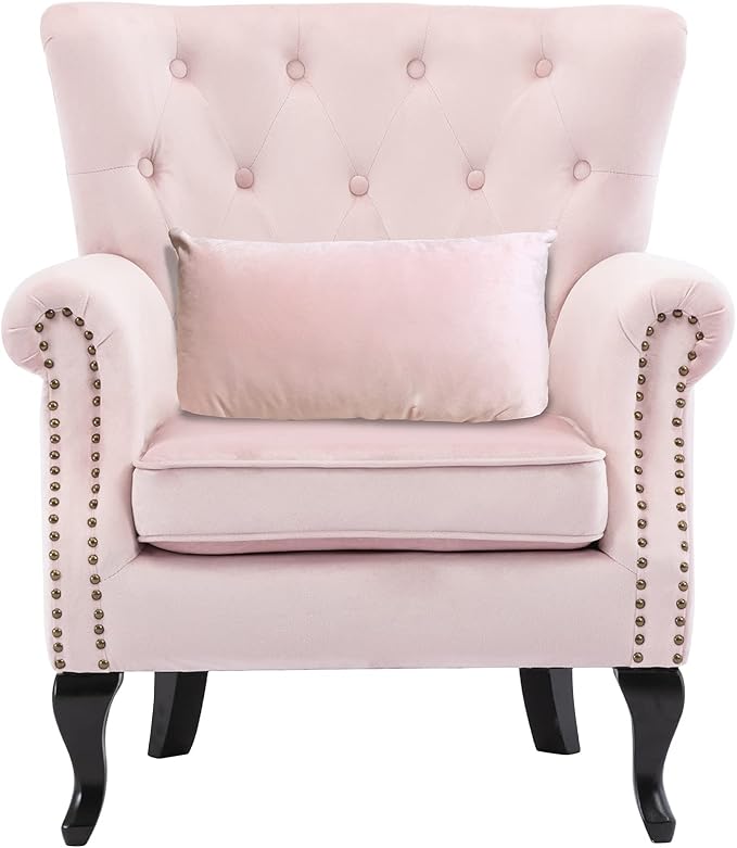 Set of 2 Mid Century Modern Accent Chair for Living Room, Velvet Armchair with Tufted Back and Wood Legs, Upholstered Lounge Armchair Single Sofa for Bedroom, Light Pink