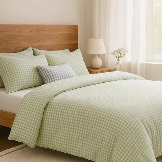 Green Plaid Duvet Cover Set Queen Size Checkered Grid Comforter Cover 100% Washed Cotton Bedding Set 3Pcs Ultra Soft Breathable Quilt Set Rustic Farmhouse Boho Cozy Bedroom Decor Gifts for Women Men