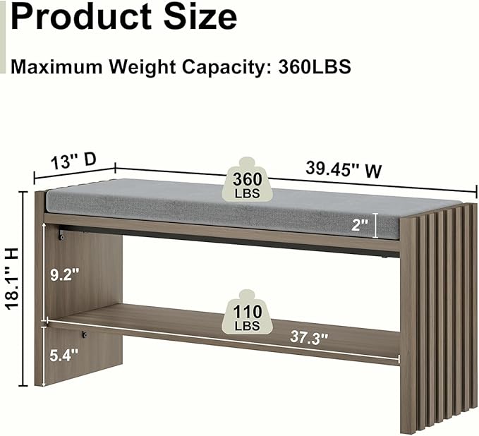 BON AUGURE Shoe Storage Bench Bedroom, Entryway Bench with Cushion, Ottoman Benches for Living Room Hallway Entry (Greige Oak, 40 Inch Wide)