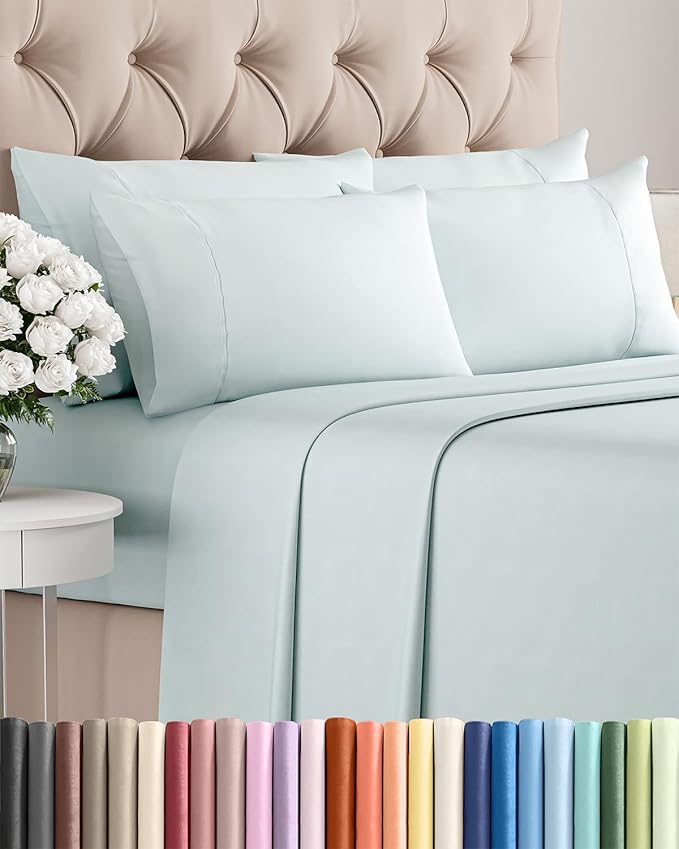 King Sheets Set 6 Piece - Includes 4 Pillowcases - Bed Sheets King Size - Soft Hotel Luxury Bedding - Cooling, Comfy, Cozy & Breathable - 1 Flat & 1 Fitted & 4 Pillowcases w/ Deep Pockets - Ice Blue