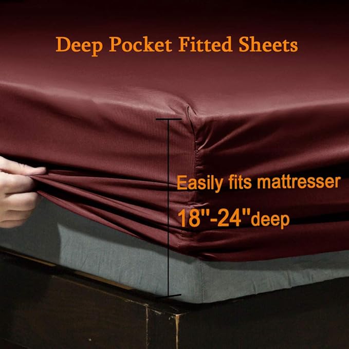 SONORO KATE Bed Sheet Set Super Soft Microfiber 1800 Thread Count Luxury Egyptian Sheets Fit 18-24 Inch Deep Pocket Mattress Wrinkle-6 Piece (Burgundy, California King)