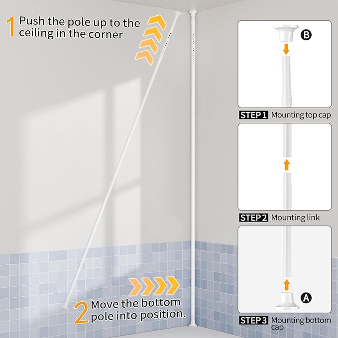 Corner Shower Caddy Tension Pole, 4 Tiers Rotating Shower Organizer for Bathroom Shelf Bathtub, Adjustable Standing Shower Rack Bathroom Accessories, Easily Assemble, 34-124 Inch Height,White