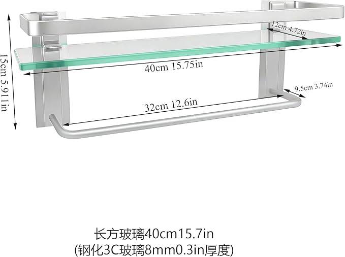 Bathroom Shelves with Towel Holder Rustproof 15.7'' Tempered Glass Shelf with Rails Wall Mounted Stainless Steel, Polished Chrome Decorative
