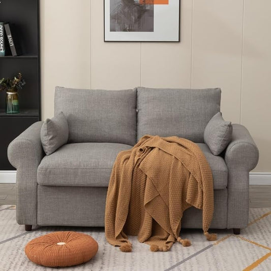 Panana Modern 2 and 3 Seats Loveseat Sofa Couch with Storage, Small Love Seat Couches for Living Room, Bedroom, Apartment, Office (Light Gray Linen Fabric, Scroll Arm - 2 Seater)