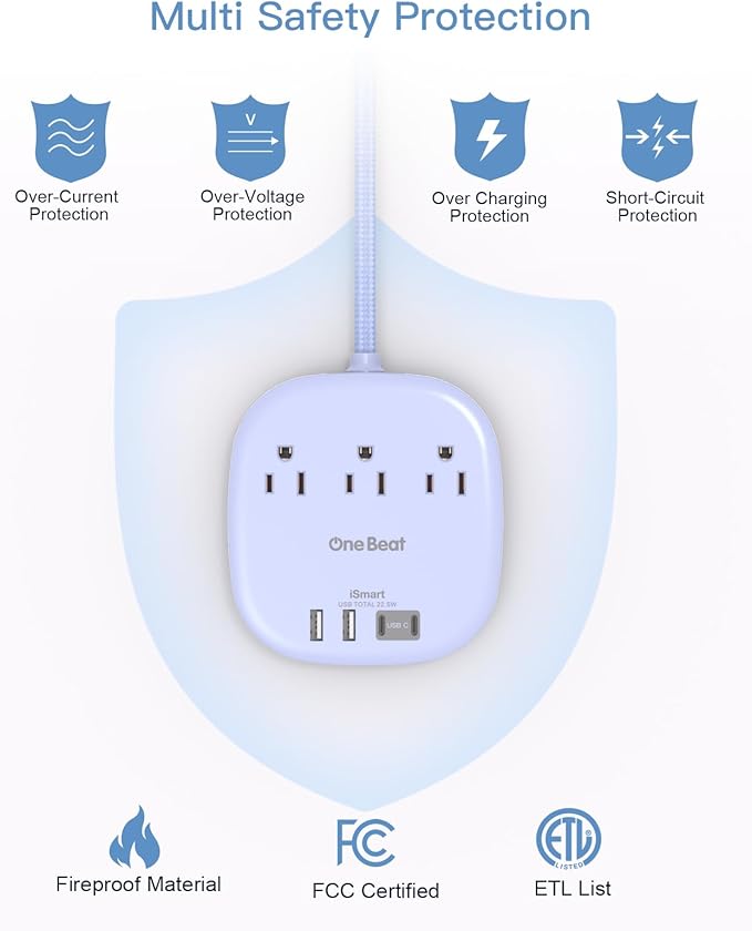 10Ft Flat Plug Power Strip, Purple Flat Extension Cord - 3 Outlets 4 USB Ports (2 USB C) Desktop Charging Station, Cruise Ship Power Strip with No Surge Protection for Travel, Dorm Room Essentials