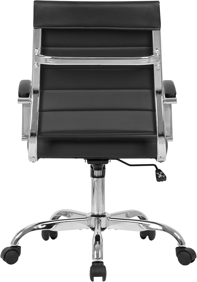 LANDSUN Home Office Chair Mid Back Desk Chair PU Leather Ribbed Executive Swivel Computer Chair with Wheels and Armrests Soft Padded Adjustable Height Conference Task Black