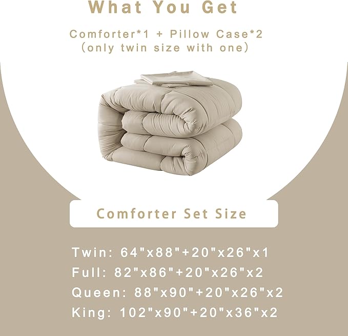 DOWNCOOL Queen Comforter Set -All Season Bedding Comforters Sets with 2 Pillow Cases-3 Pieces Bedding Sets Queen -Down Alternative Beige Queen Size Comforter Sets(88"x92")