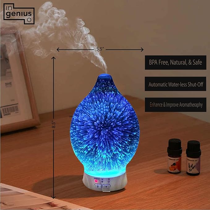 Aromatherapy Essential Oil Diffuser for Therapeutic Oils, w/ 3D Glass Vase | Cool Mist Difusor for Bedroom | LED Color Light Display & Auto Shut-Off | Humidifier, Fragrance Machine for Home & Dorm Use