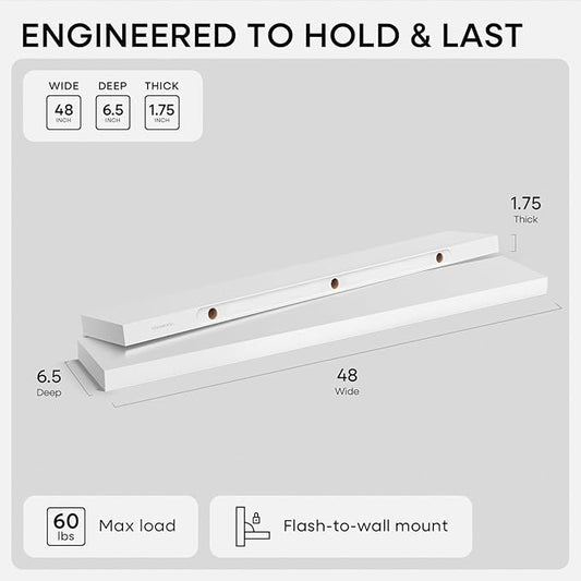 Homeforia White Floating Shelf 48 inches, High End Solid Real Wood 48inch Long Floating Shelves for Wall Mounted, White Wooden 48in Floating Shelves, Heavy Duty Bracket, 48 X 6.5 X 1.75 inch, Set of 3