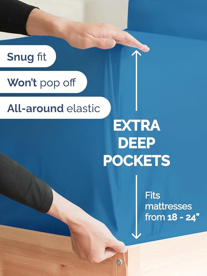 Extra Deep Pocket Queen Sheet Set - 4 Piece Breathable & Cooling Bed Sheets - Hotel Luxury Sheet Set - Soft, Wrinkle Free & Comfy - Easily Fits Extra Deep Mattresses - Deep Pocket Denim Blue Sheets