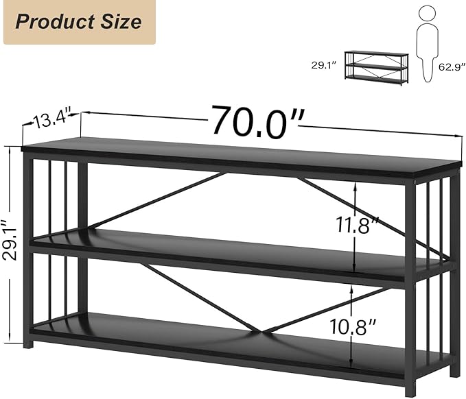 HSH Black Low Bookshelf, Wood Metal 3 Tier Long Horizontal Bookcase for Bedroom, Large Open Etagere Bookshelves with Storage for Home, Wide Under Window Book Shelf for Office Living Room, 70 Inch