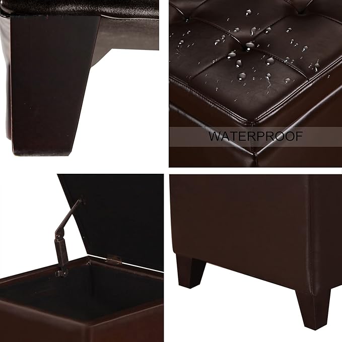 Tufted Leather Square Storage Ottoman, Lift Top Cube Footstool with Hinged Lid Footrest with Wood Legs (Brown)
