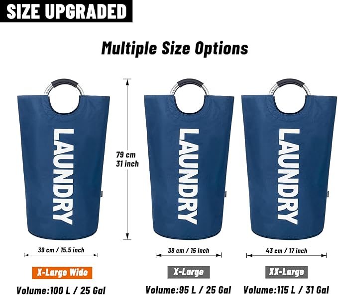 Caroeas 100L Laundry Basket,Large Laundry Hamper, Laundry Bag with Padded Handles, Clothes Hamper Stands Up Well, Collapsible Free Standing Easy Storage Washing Bin (Navy Blue,100L)