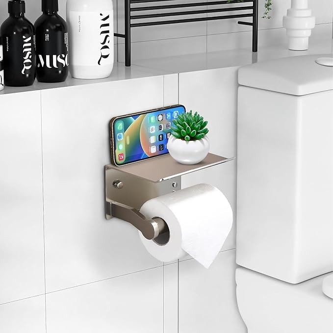Toilet Paper Holder with Shelf - 3M Self Adhesive Tissue Towel Dispenser or Wall Mounted Toilet Paper Roll Holder - Rustproof Bathroom Phone Holder Tissue Holder Brushed Nickel